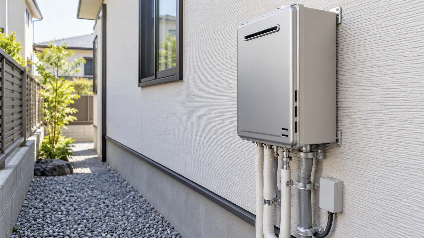 住宅の外壁に新しく取り付けた壁掛けのガス給湯器と配管