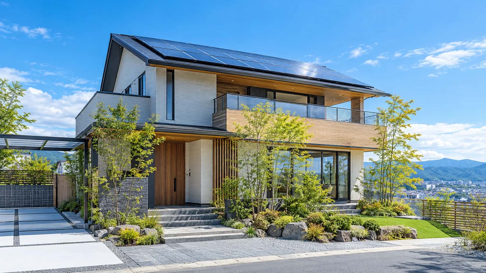 南向きの屋根に太陽光パネルを設置した2階建ての住宅