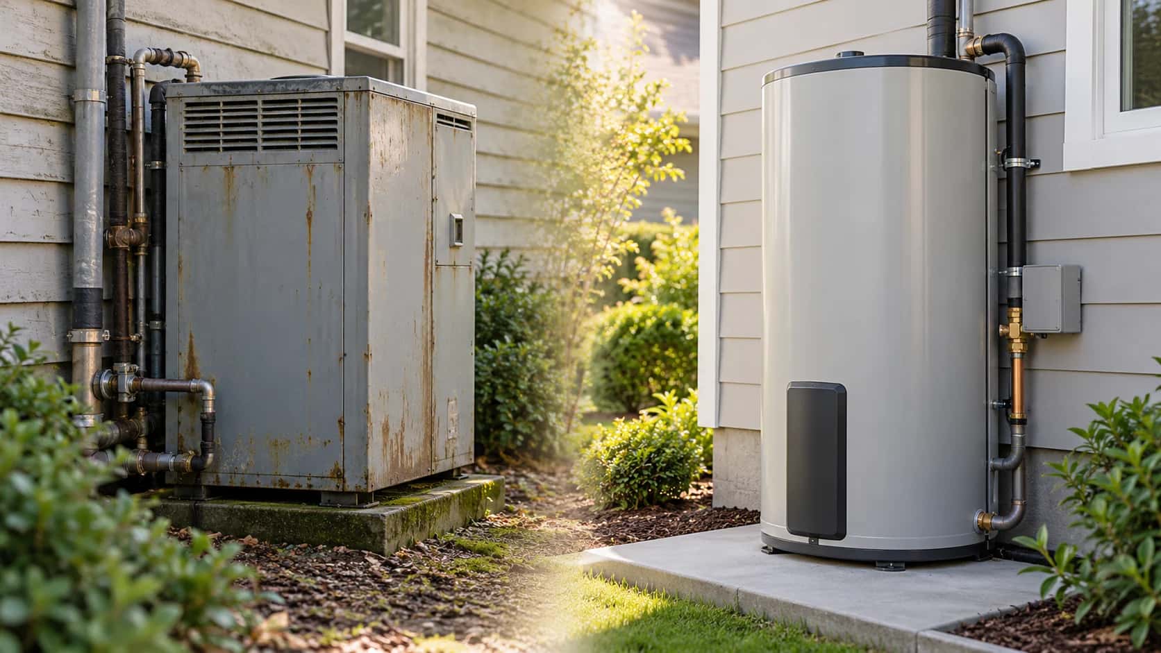 屋外に置かれた年数のたった機器と、新しい貯湯タンク