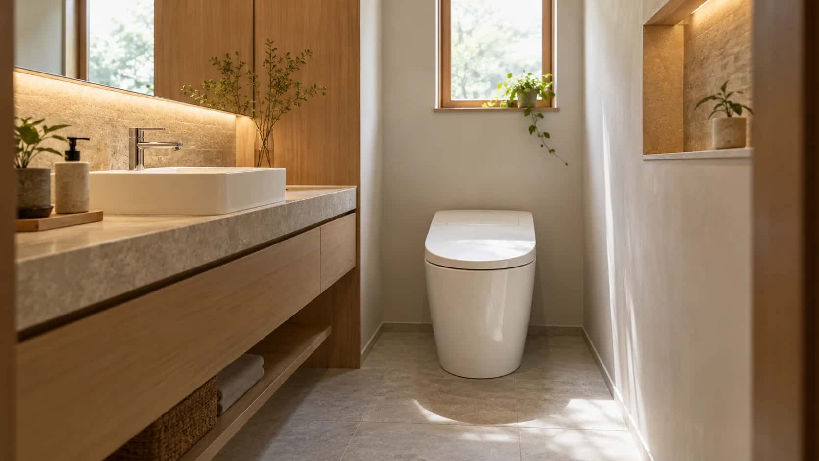 カウンターと間接照明のある落ち着いたトイレ空間